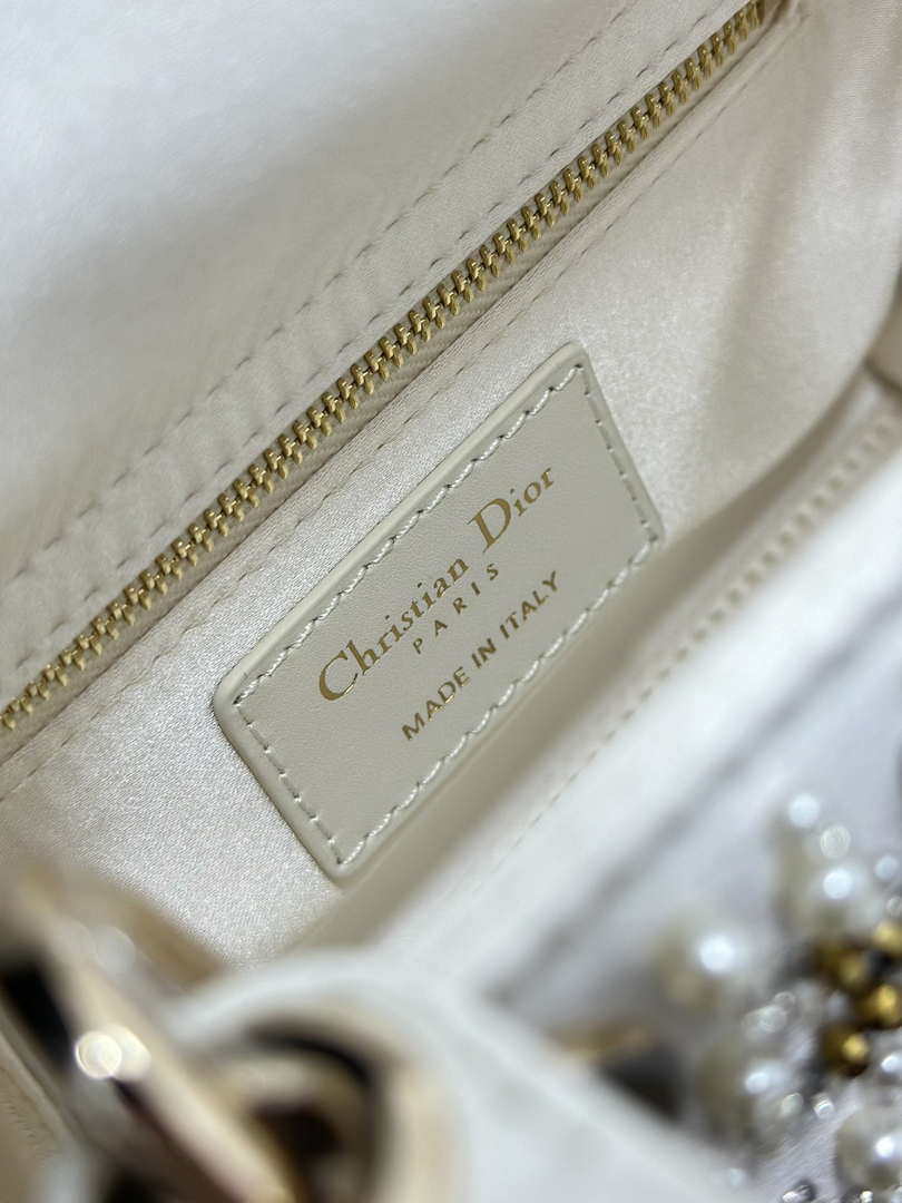 Dior M0505 Mini Lady Dior Bag Calfskin Embroidered Snowflake Pearls White