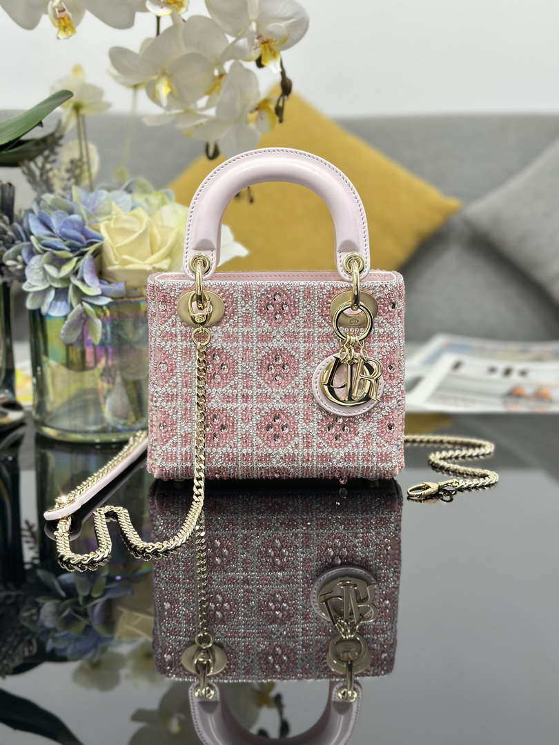 Dior M0505 Mini Lady Dior Bag Calfskin Embroidery crystal Pink - Default Title - View 1