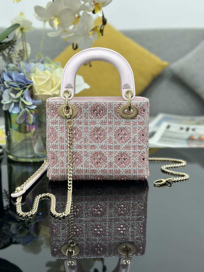Dior M0505 Mini Lady Dior Bag Calfskin Embroidery crystal Pink