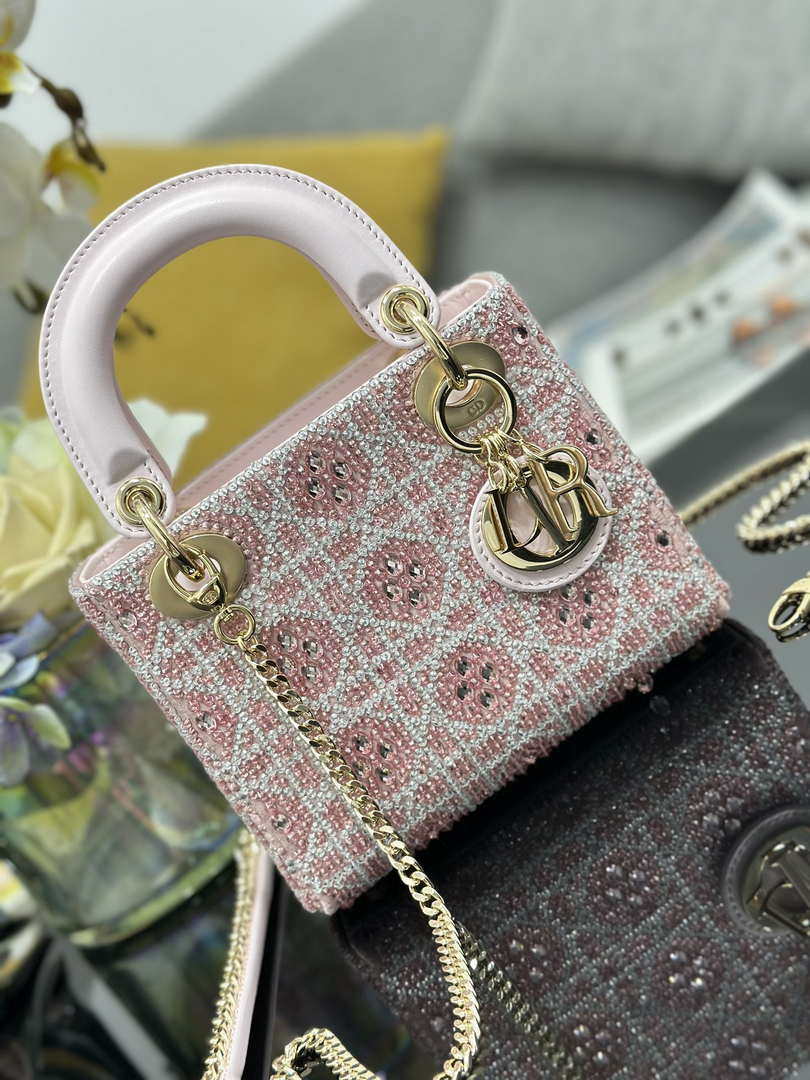 Dior M0505 Mini Lady Dior Bag Calfskin Embroidery crystal Pink