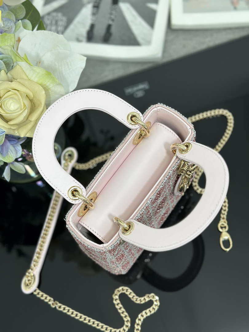 Dior M0505 Mini Lady Dior Bag Calfskin Embroidery crystal Pink