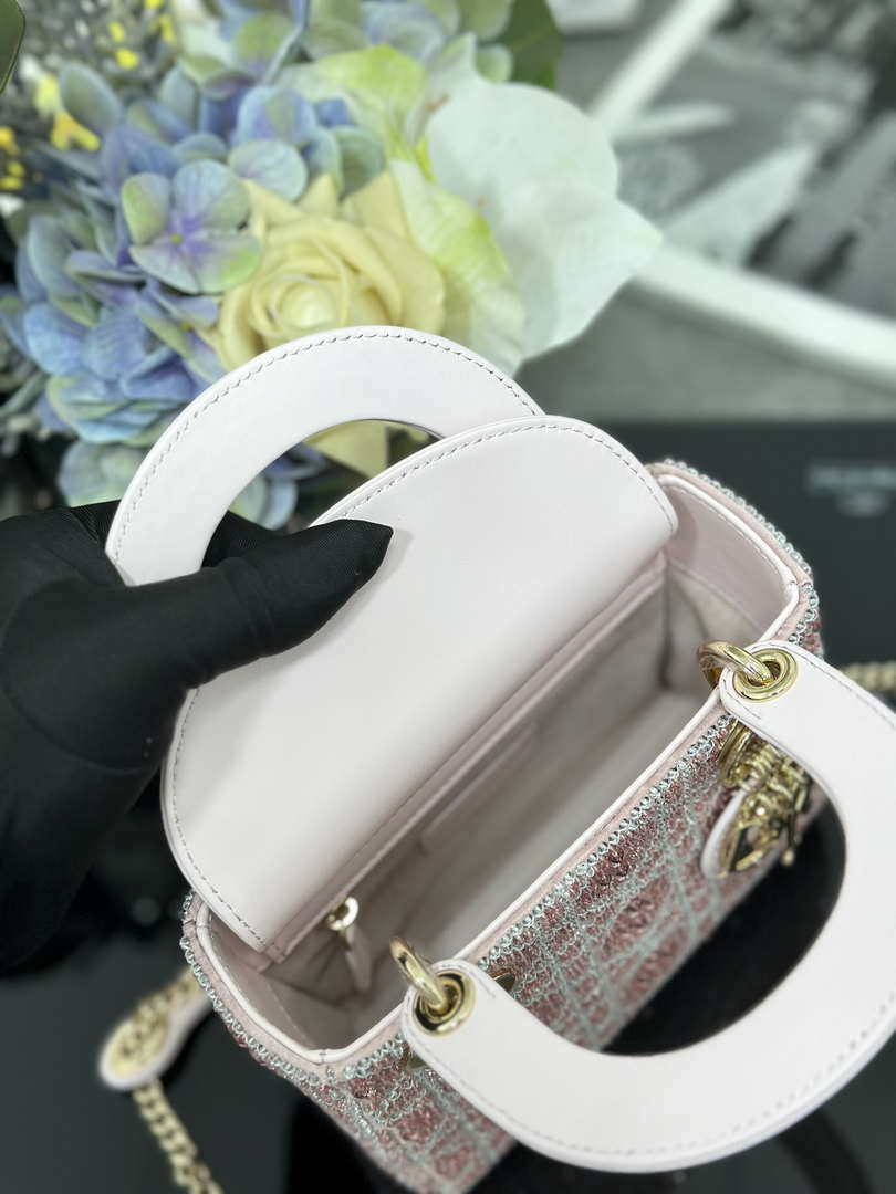 Dior M0505 Mini Lady Dior Bag Calfskin Embroidery crystal Pink