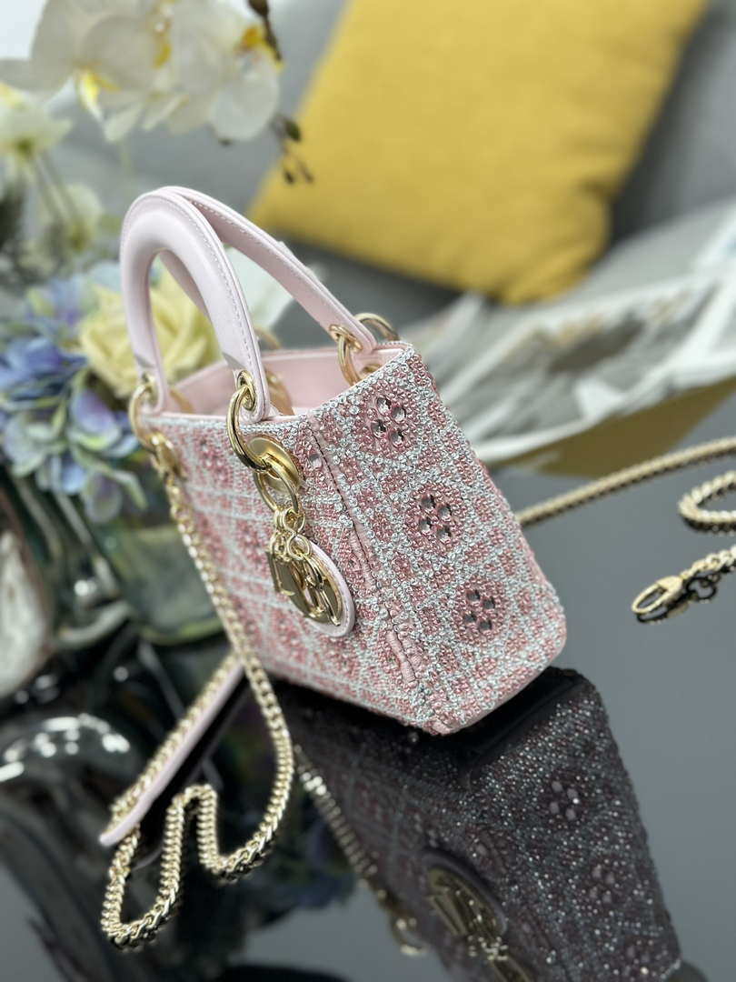 Dior M0505 Mini Lady Dior Bag Calfskin Embroidery crystal Pink