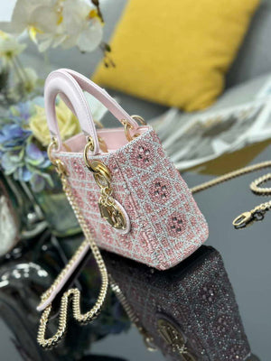 Dior M0505 Mini Lady Dior Bag Calfskin Embroidery crystal Pink - Default Title - View 9