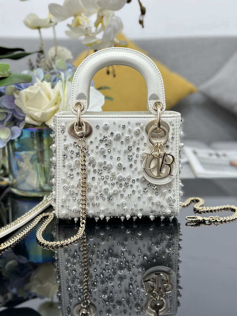 Dior M0505 Mini Lady Dior Bag Calfskin Embroidery Diamond Pearls