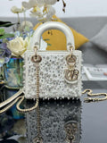 Dior M0505 Mini Lady Dior Bag Calfskin Embroidery Diamond Pearls