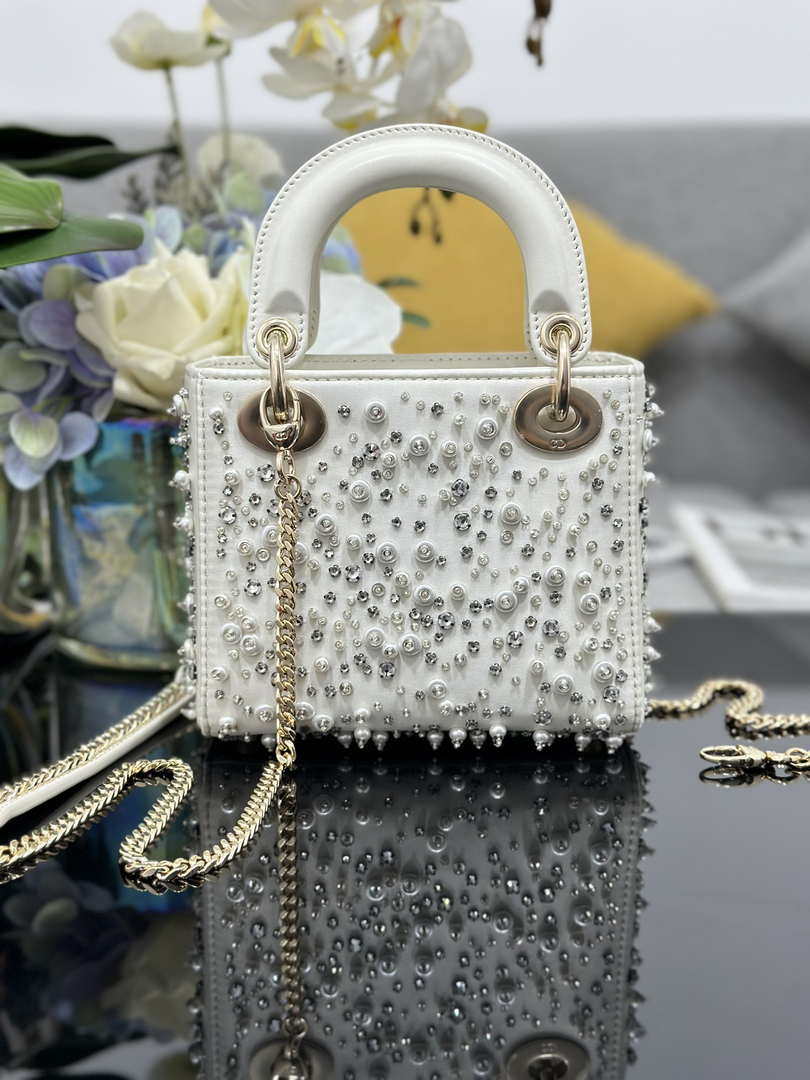 Dior M0505 Mini Lady Dior Bag Calfskin Embroidery Diamond Pearls