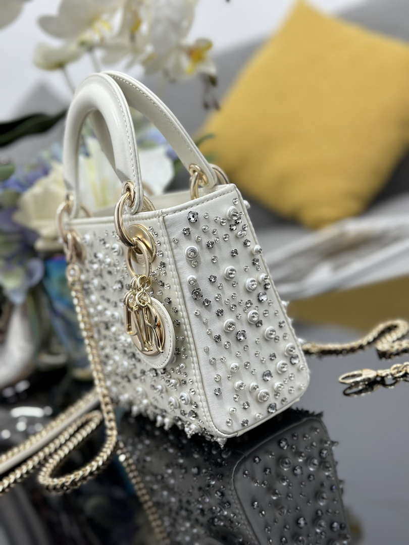 Dior M0505 Mini Lady Dior Bag Calfskin Embroidery Diamond Pearls