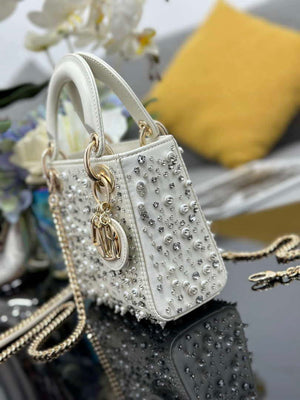 Dior M0505 Mini Lady Dior Bag Calfskin Embroidery Diamond Pearls - Default Title - View 3