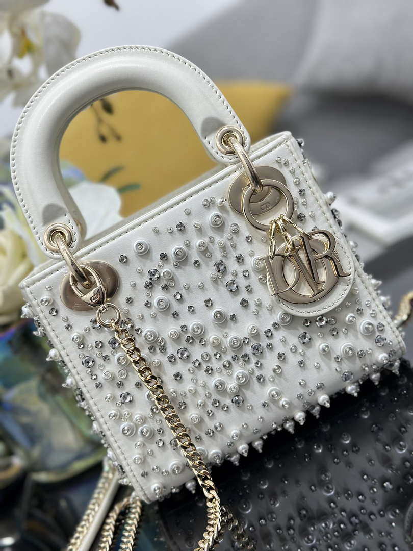 Dior M0505 Mini Lady Dior Bag Calfskin Embroidery Diamond Pearls