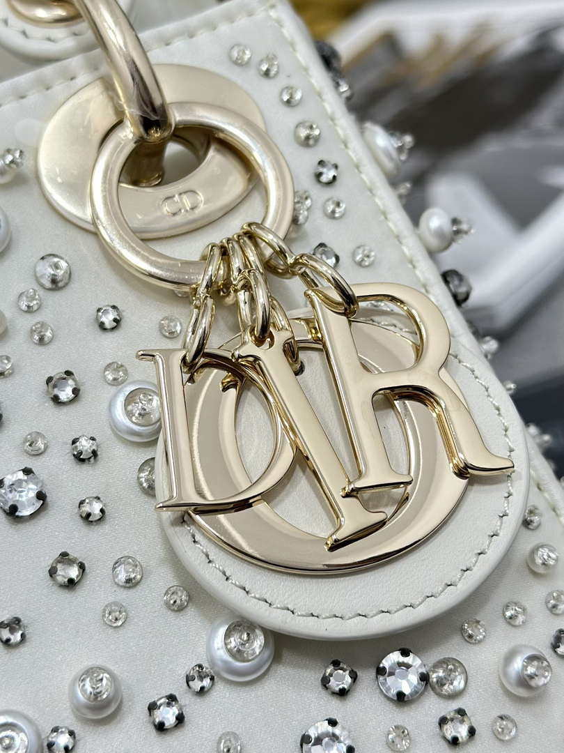 Dior M0505 Mini Lady Dior Bag Calfskin Embroidery Diamond Pearls