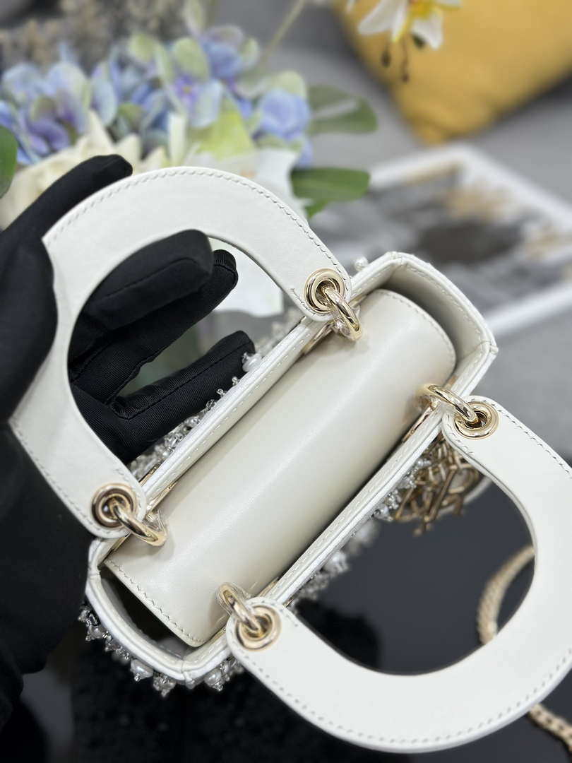 Dior M0505 Mini Lady Dior Bag Calfskin Embroidery Diamond Pearls