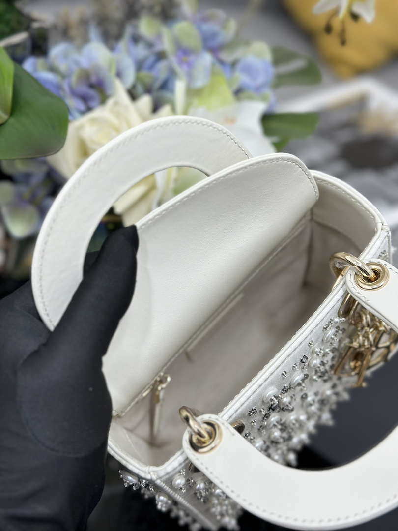 Dior M0505 Mini Lady Dior Bag Calfskin Embroidery Diamond Pearls