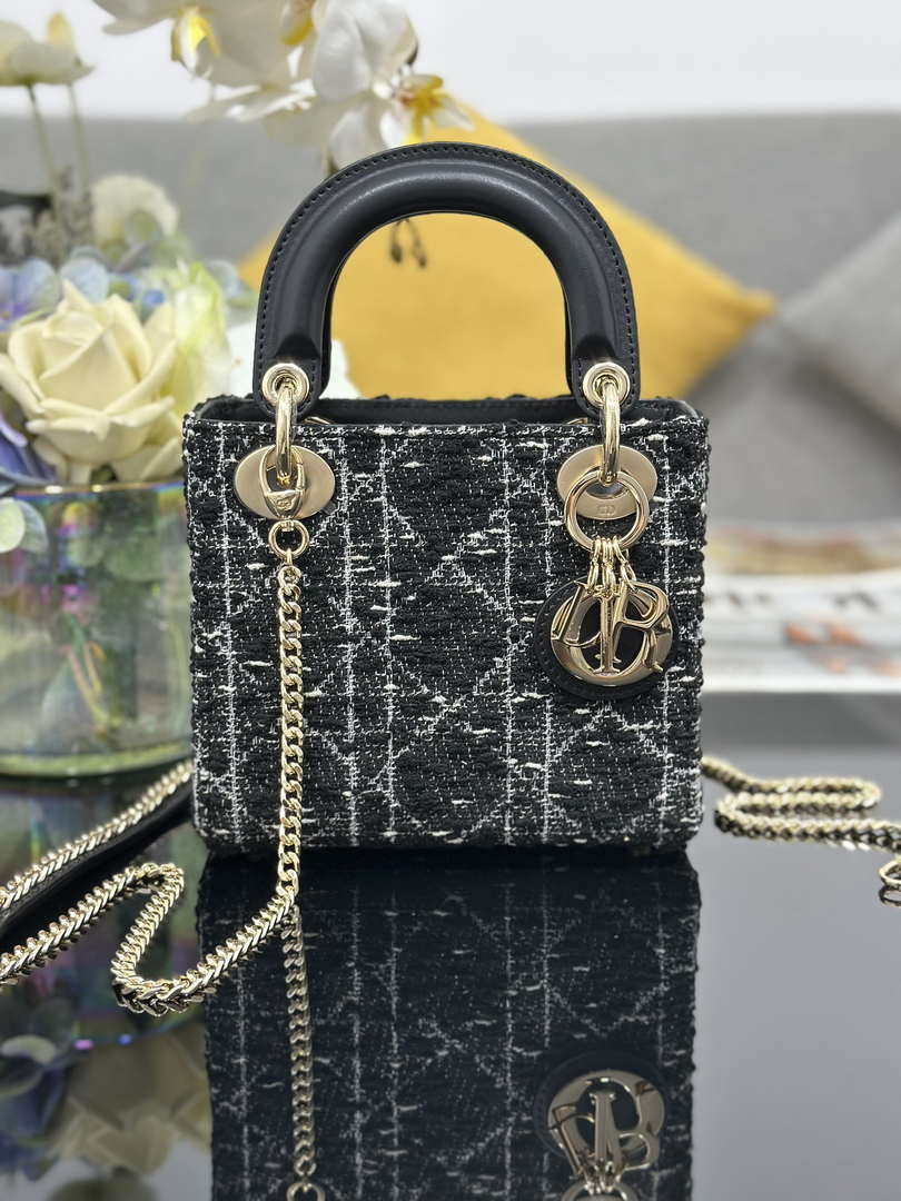 Dior M0505 Mini Lady Dior Bag Calfskin with Tweed Black - Default Title - View 1