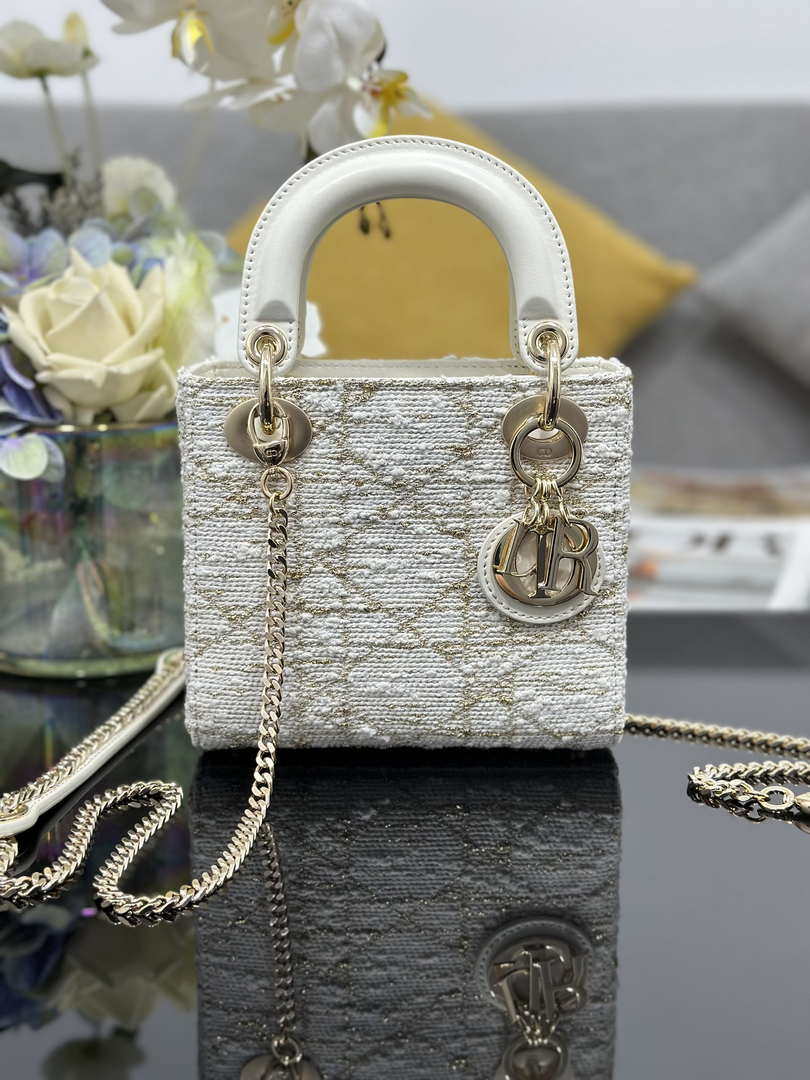 Dior M0505 Mini Lady Dior Bag Calfskin with Tweed White