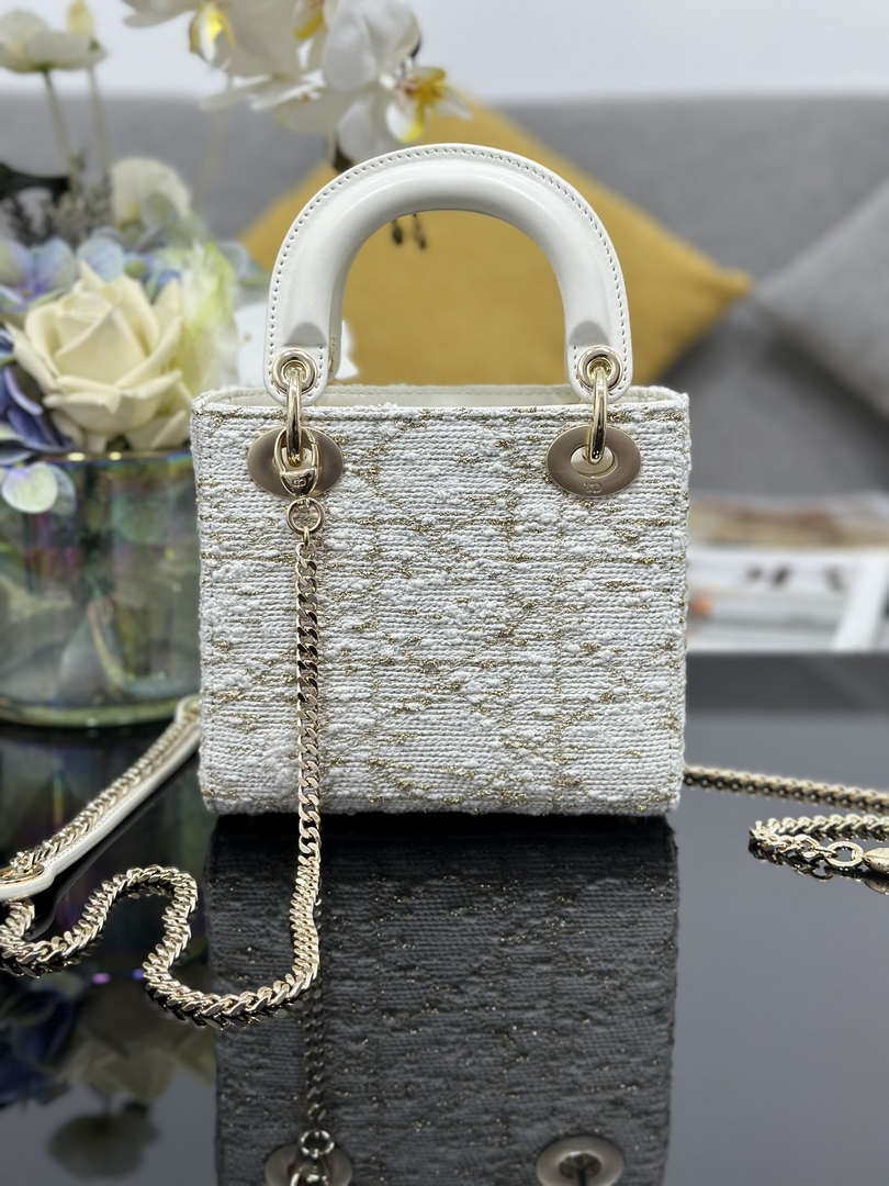 Dior M0505 Mini Lady Dior Bag Calfskin with Tweed White