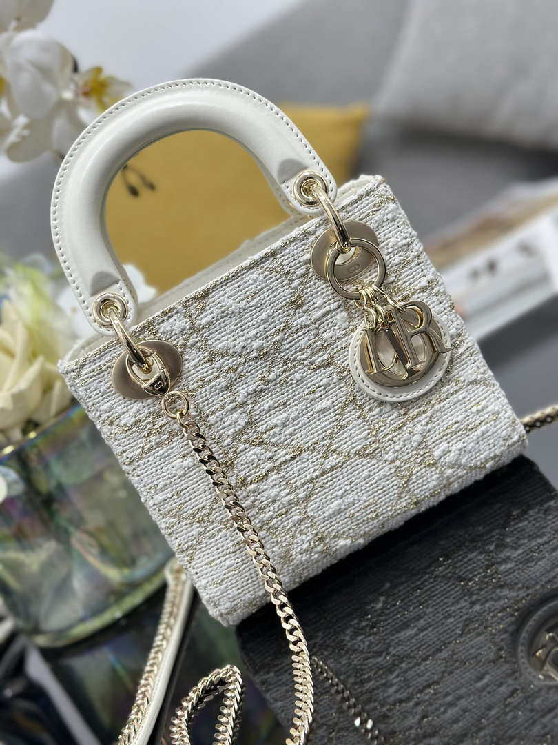 Dior M0505 Mini Lady Dior Bag Calfskin with Tweed White - Default Title - View 5