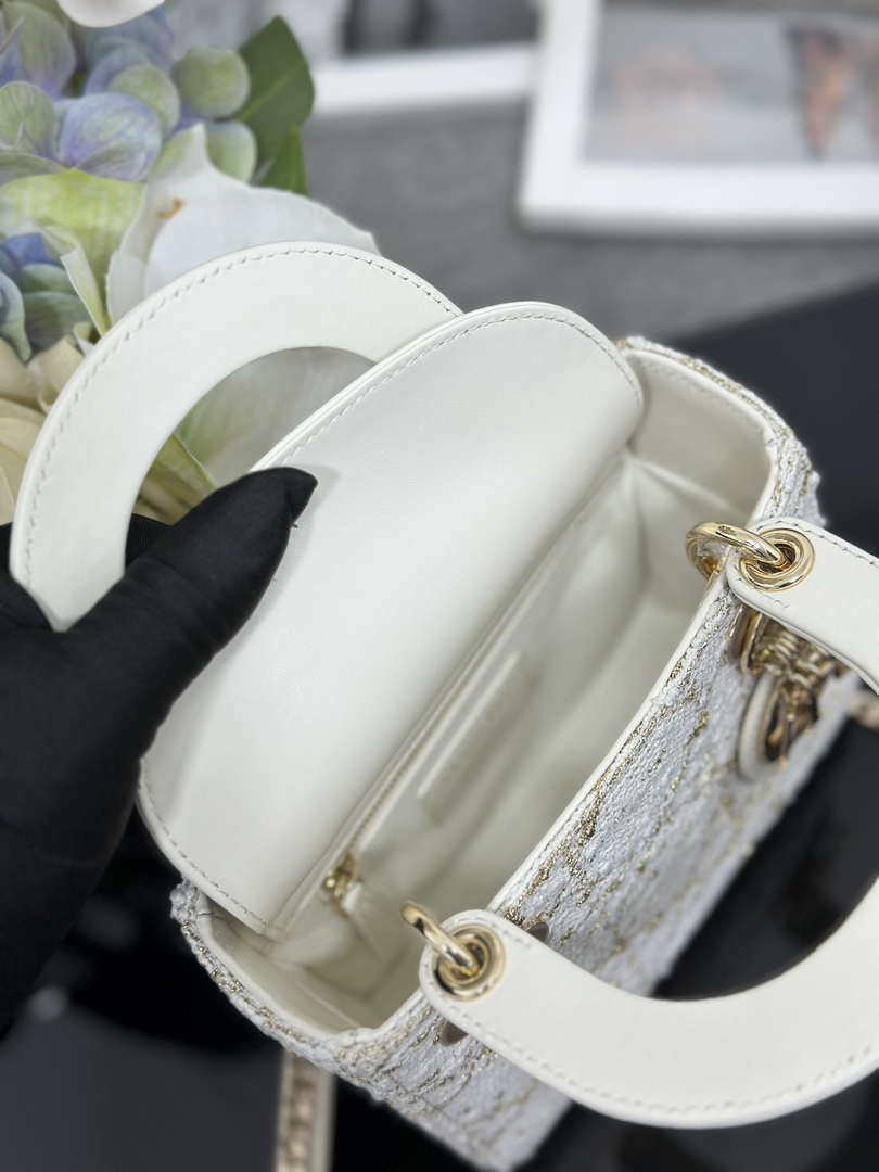 Dior M0505 Mini Lady Dior Bag Calfskin with Tweed White
