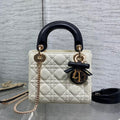Dior M0505 Mini Lady Dior Bag White Cannage Lambskin With Black Handle Bow Gold - Default Title - View 1