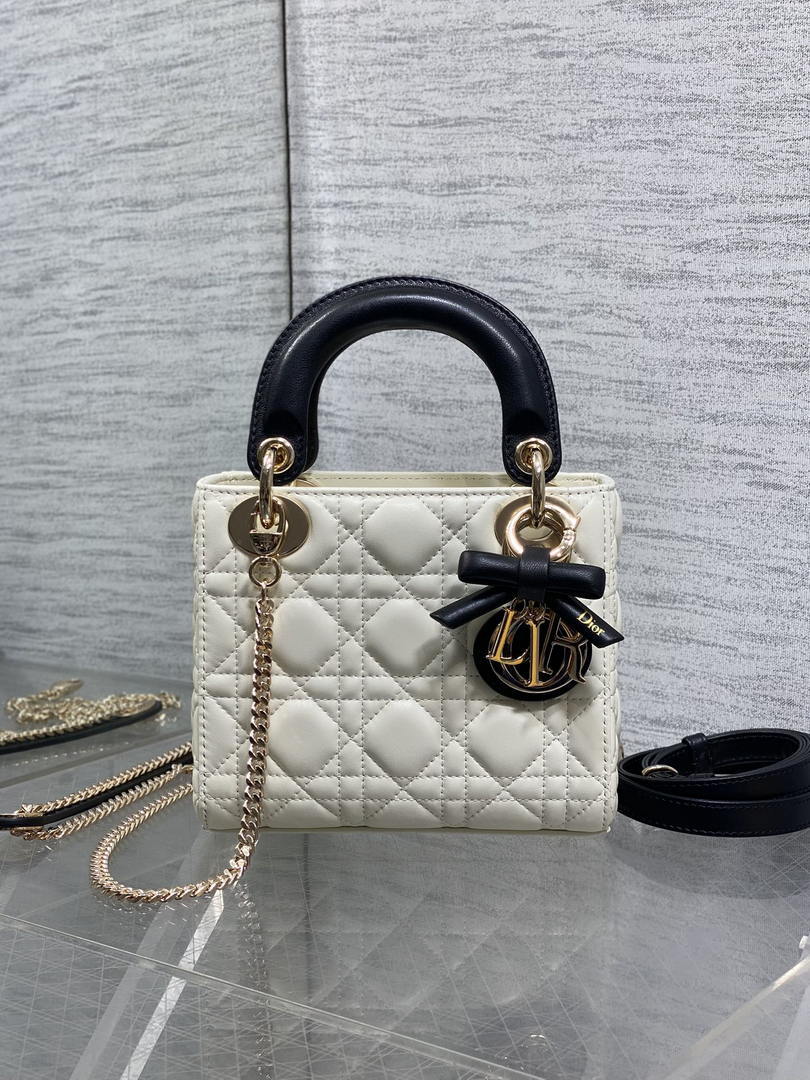 Dior M0505 Mini Lady Dior Bag White Cannage Lambskin With Black Handle Bow Gold