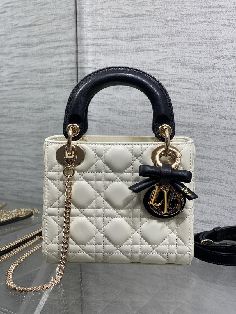 Dior M0505 Mini Lady Dior Bag White Cannage Lambskin With Black Handle Bow Gold