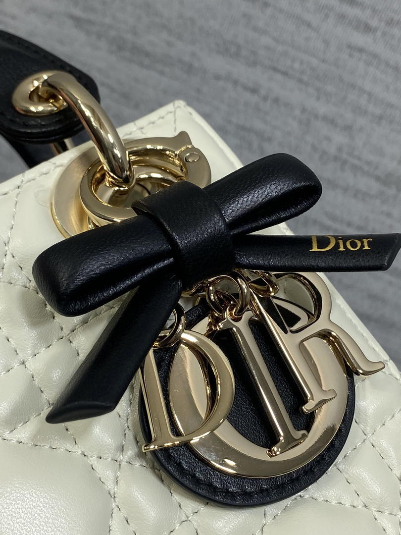 Dior M0505 Mini Lady Dior Bag White Cannage Lambskin With Black Handle Bow Gold - Default Title - View 3