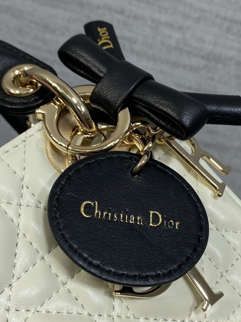 Dior M0505 Mini Lady Dior Bag White Cannage Lambskin With Black Handle Bow Gold