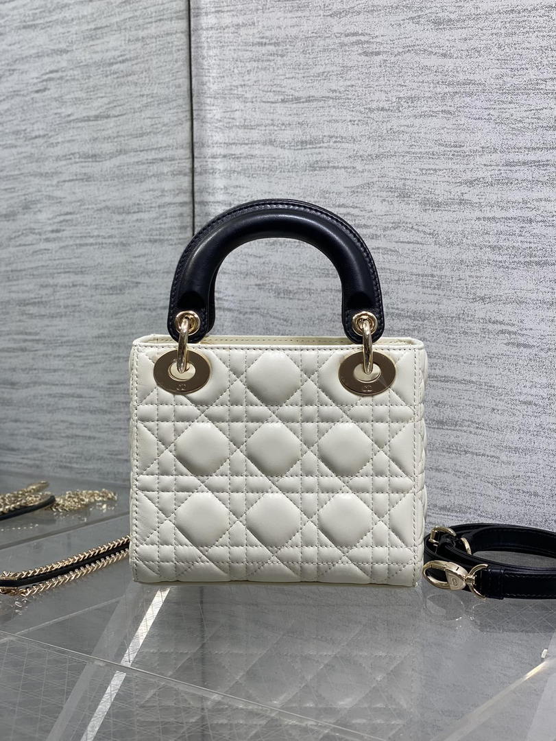 Dior M0505 Mini Lady Dior Bag White Cannage Lambskin With Black Handle Bow Gold - Default Title - View 5