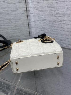 Dior M0505 Mini Lady Dior Bag White Cannage Lambskin With Black Handle Bow Gold - Default Title - View 7