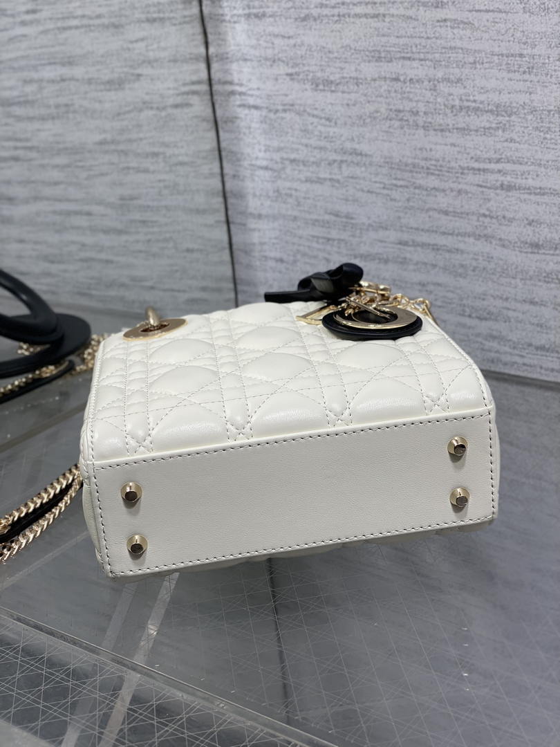 Dior M0505 Mini Lady Dior Bag White Cannage Lambskin With Black Handle Bow Gold
