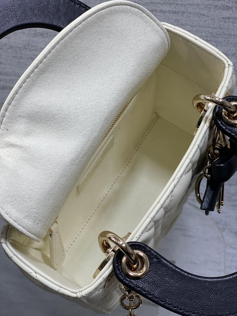 Dior M0505 Mini Lady Dior Bag White Cannage Lambskin With Black Handle Bow Gold