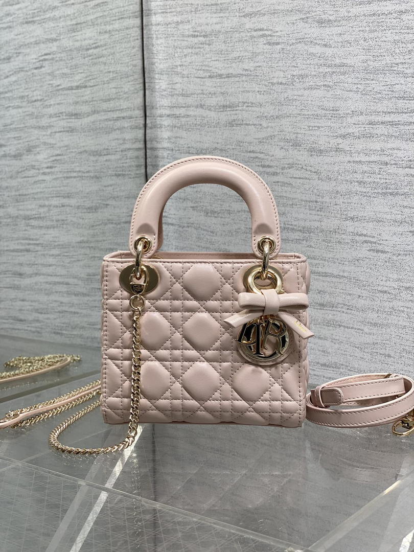 Dior M0505 Mini Lady Dior Bag Pink Cannage Lambskin With Bow - Default Title - View 1