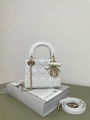 Dior M0505 Mini Lady Dior Bag White Cannage Lambskin With Bow - Default Title - View 1