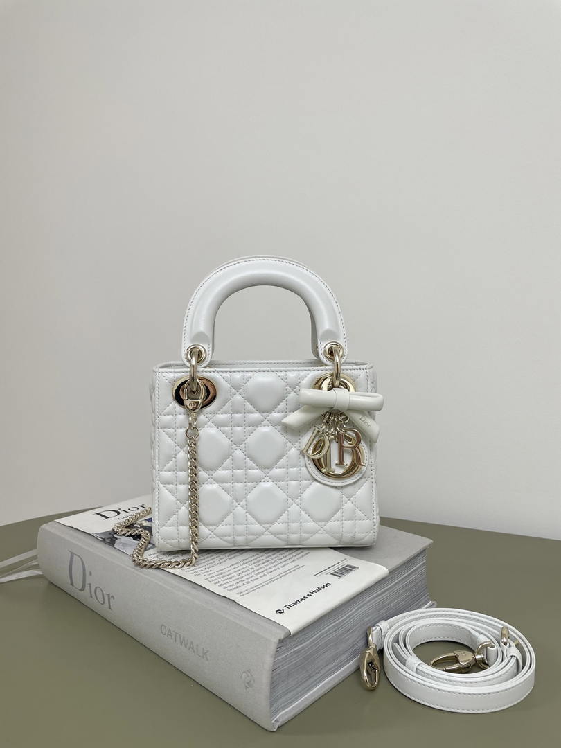 Dior M0505 Mini Lady Dior Bag White Cannage Lambskin With Bow