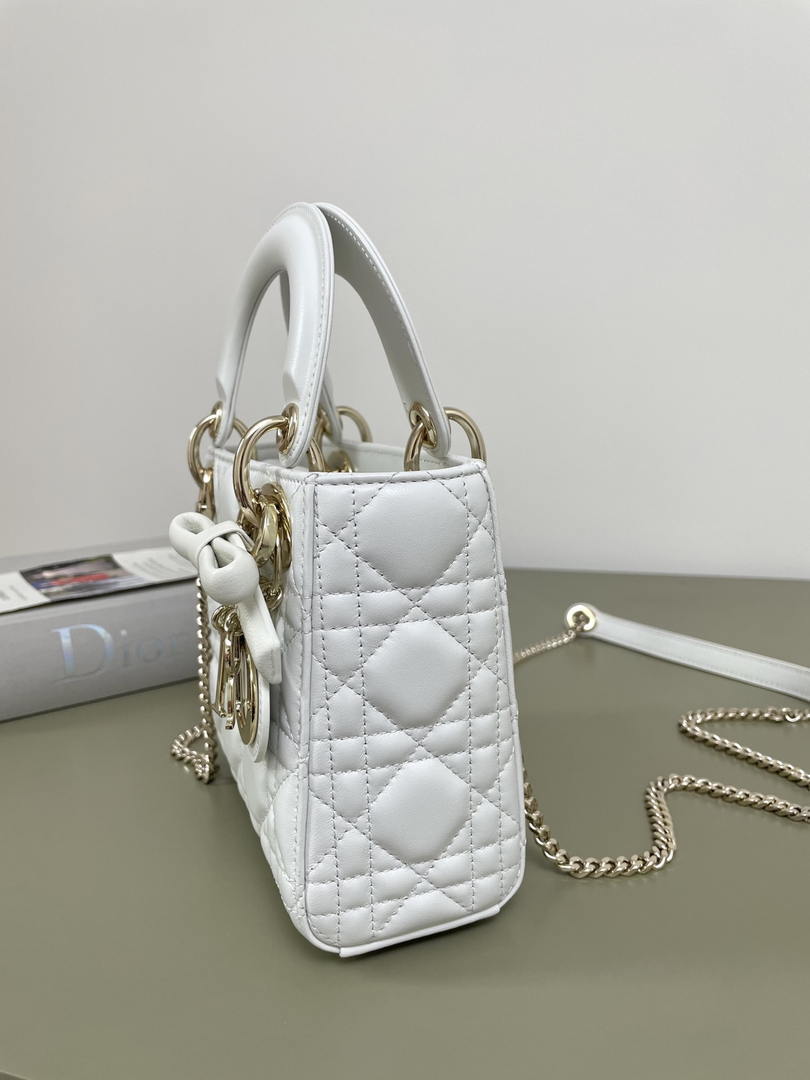 Dior M0505 Mini Lady Dior Bag White Cannage Lambskin With Bow