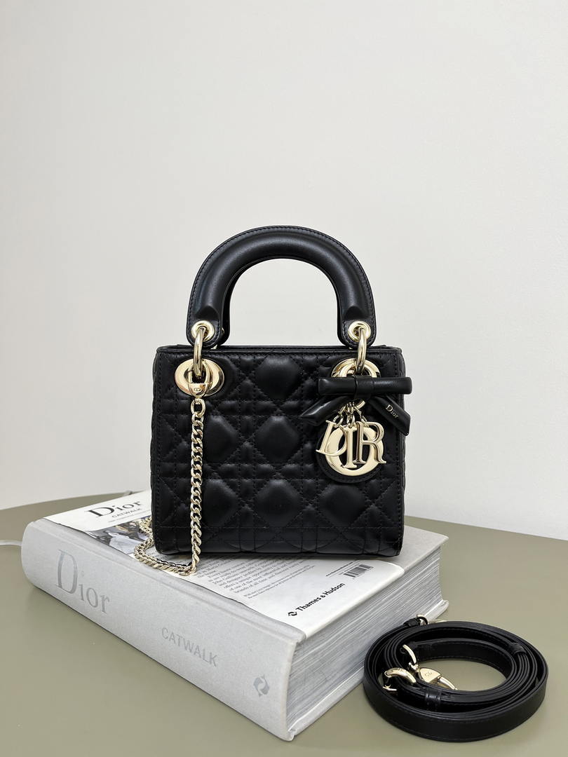 Dior M0505 Mini Lady Dior Bag Black Cannage Lambskin With Bow