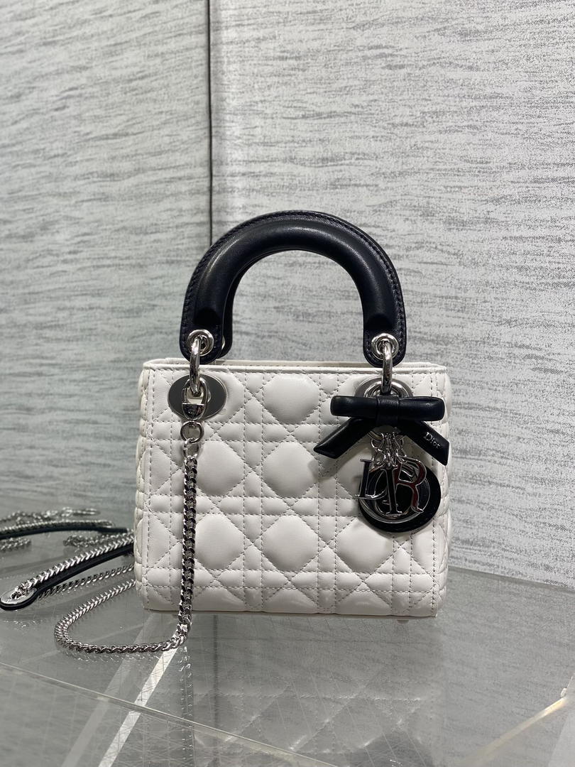 Dior M0505 Mini Lady Dior Bag White Cannage Lambskin With Black Handle Bow