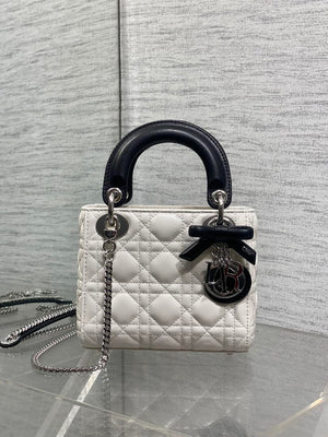 Dior M0505 Mini Lady Dior Bag White Cannage Lambskin With Black Handle Bow - Default Title - View 1