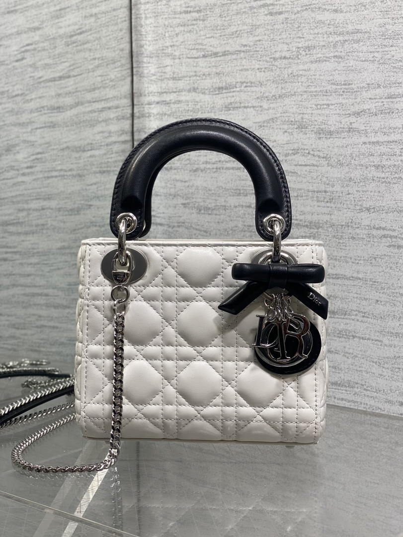Dior M0505 Mini Lady Dior Bag White Cannage Lambskin With Black Handle Bow