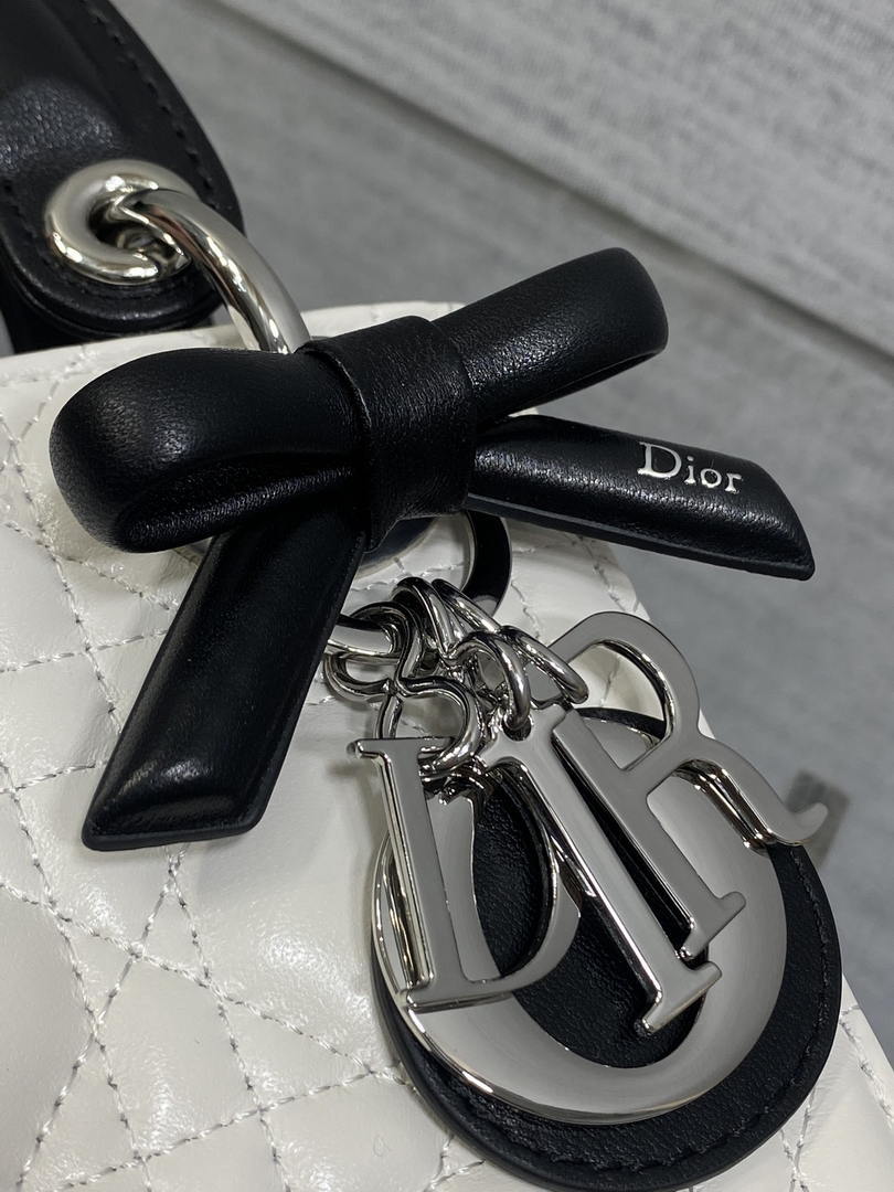 Dior M0505 Mini Lady Dior Bag White Cannage Lambskin With Black Handle Bow