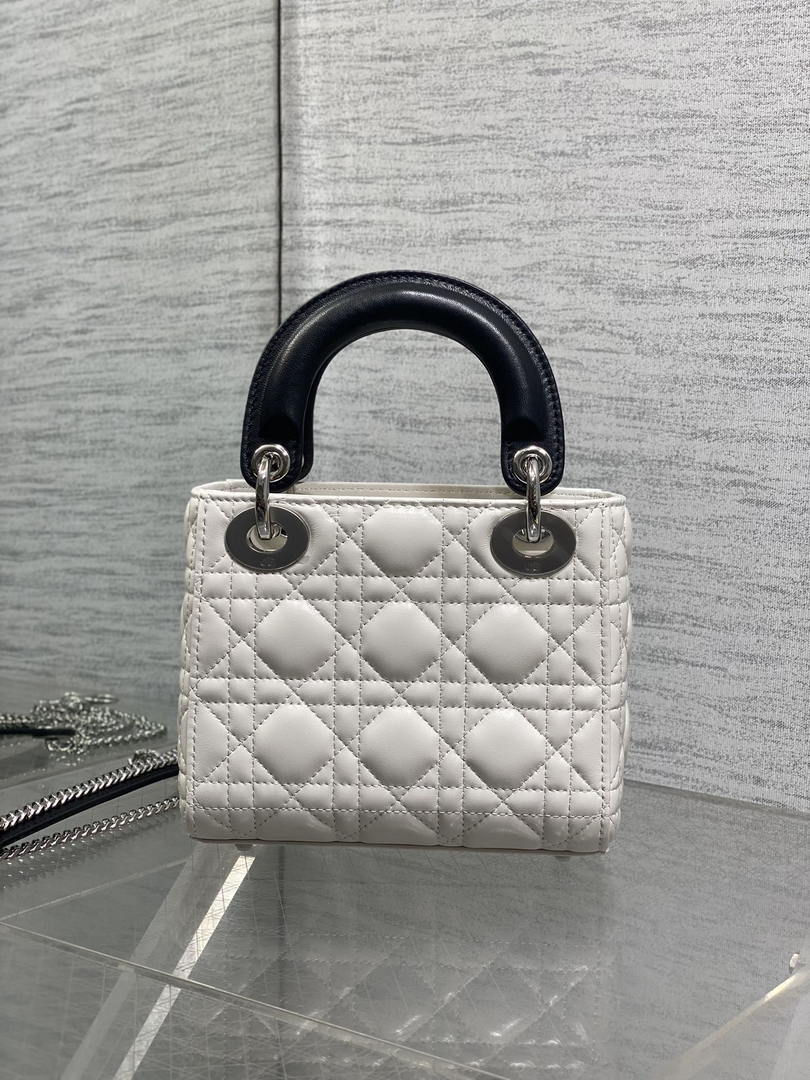 Dior M0505 Mini Lady Dior Bag White Cannage Lambskin With Black Handle Bow - Default Title - View 5