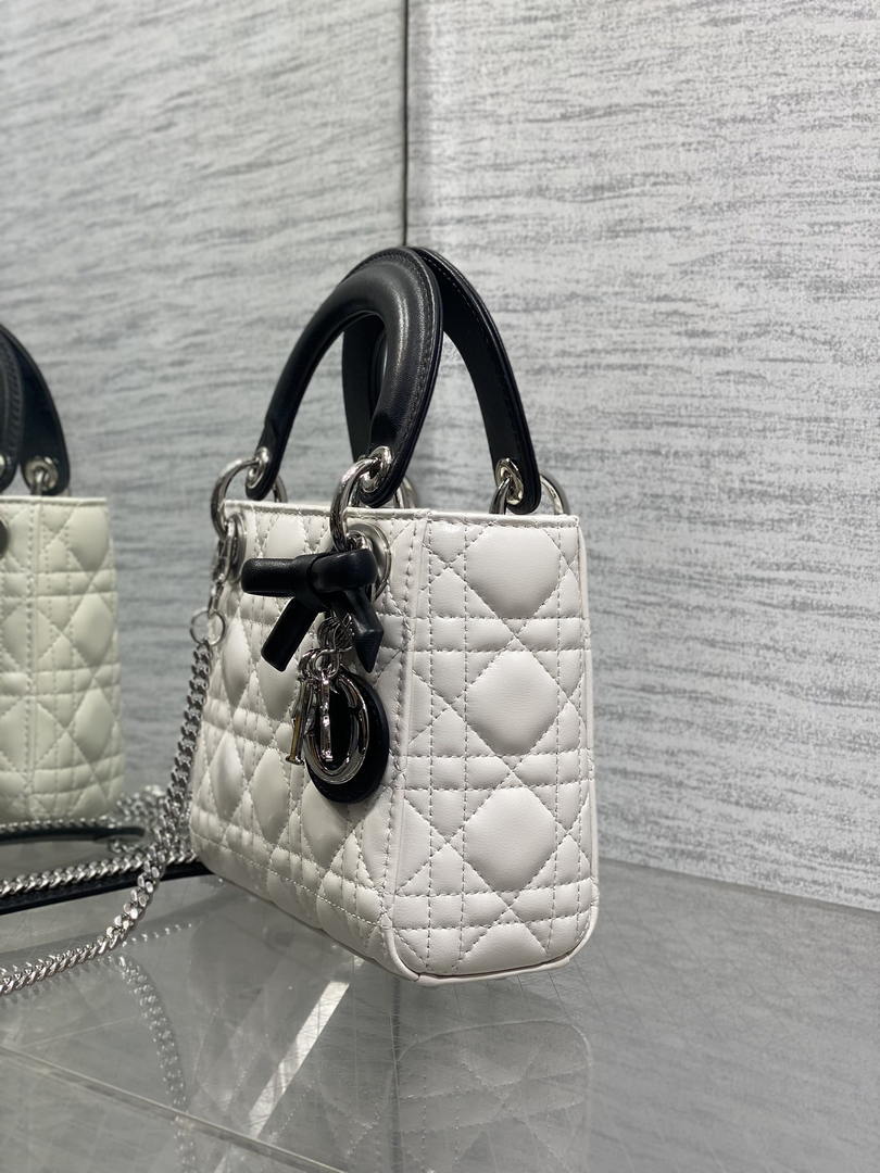Dior M0505 Mini Lady Dior Bag White Cannage Lambskin With Black Handle Bow - Default Title - View 6