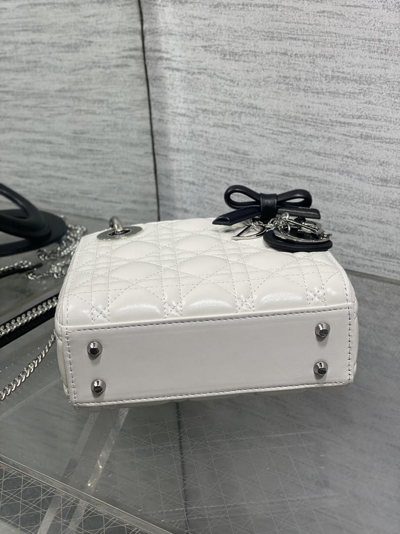 Dior M0505 Mini Lady Dior Bag White Cannage Lambskin With Black Handle Bow - Default Title - View 7