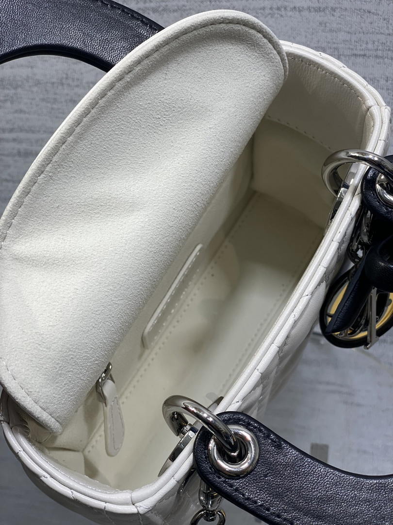 Dior M0505 Mini Lady Dior Bag White Cannage Lambskin With Black Handle Bow
