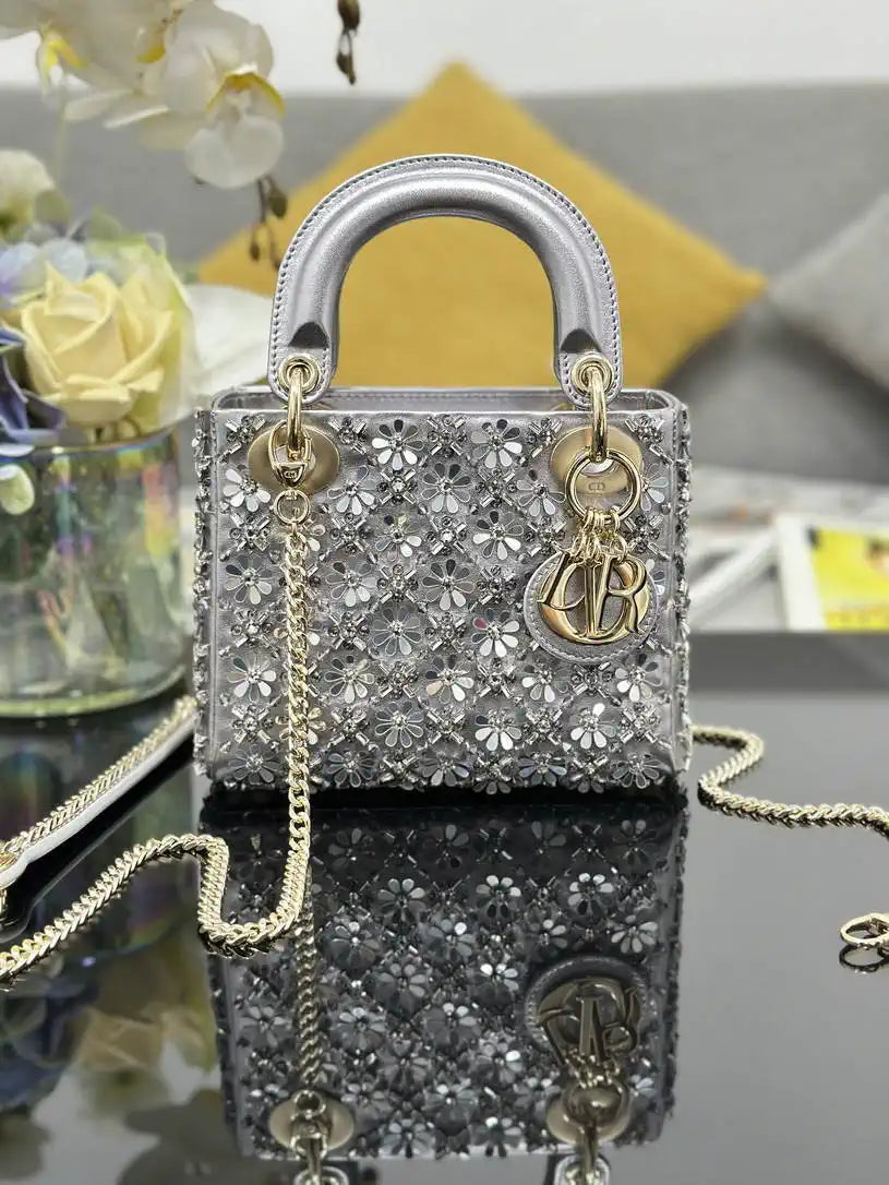 Dior M0505 Mini Lady Dior Bag embroidered plum blossom silver beads
