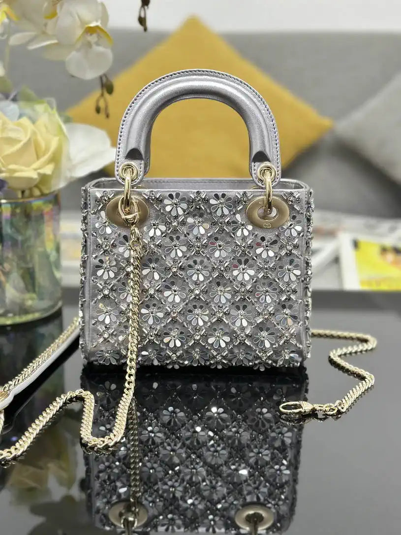 Dior M0505 Mini Lady Dior Bag embroidered plum blossom silver beads
