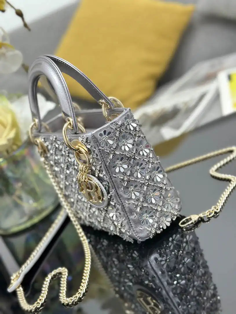 Dior M0505 Mini Lady Dior Bag embroidered plum blossom silver beads