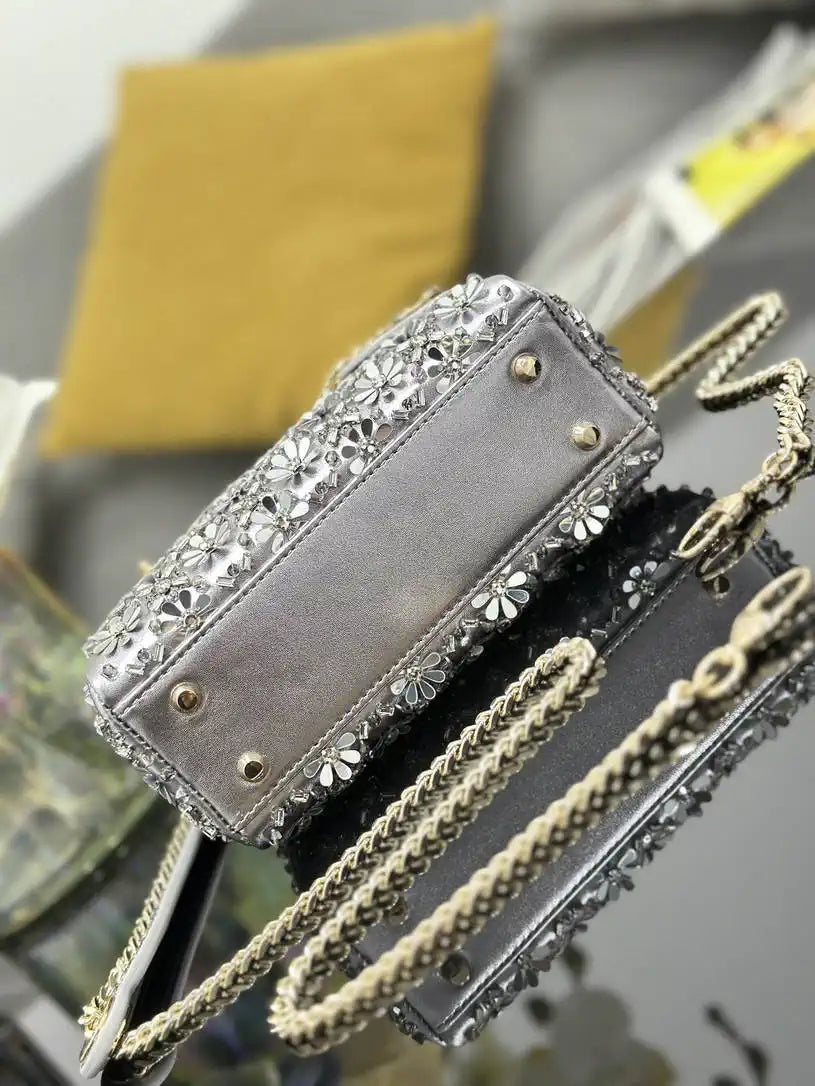 Dior M0505 Mini Lady Dior Bag embroidered plum blossom silver beads