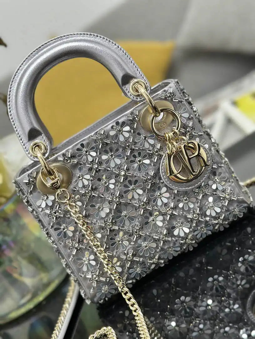 Dior M0505 Mini Lady Dior Bag embroidered plum blossom silver beads