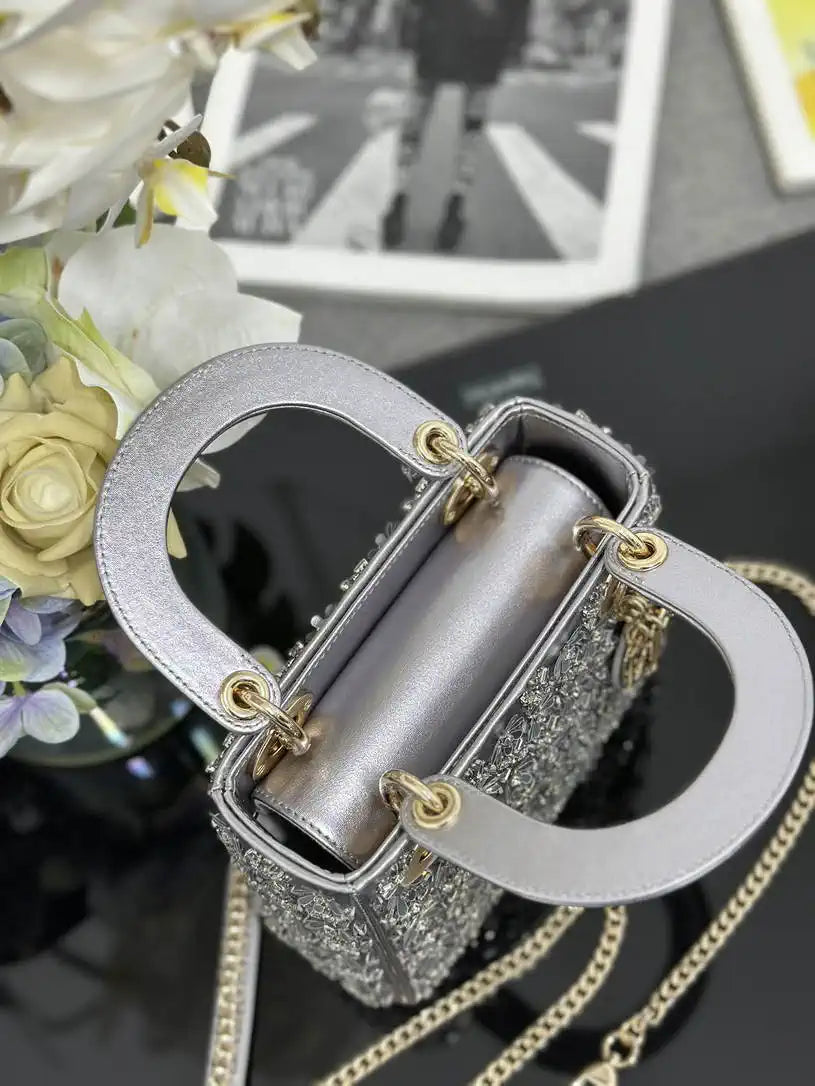 Dior M0505 Mini Lady Dior Bag embroidered plum blossom silver beads